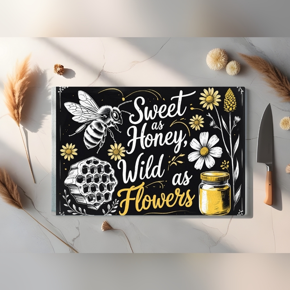 Bee and Honeycomb  Chalk Board Design Glass Cutting Board Size 11inx 8in - Picture 4 of 4